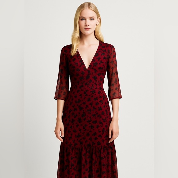 GANNI Fiji Flower Mesh Midi Dress Size 40 (US 8) Floral Ruched Sheer Sleeves - Picture 1 of 13